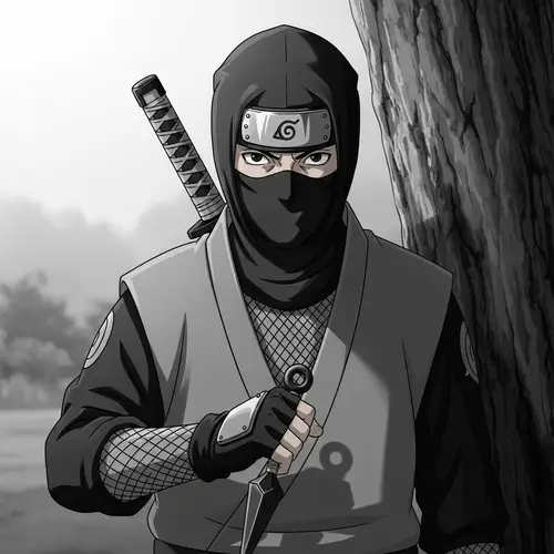 Mysterious Ninja Stealthily Clutching Kunai by Tree