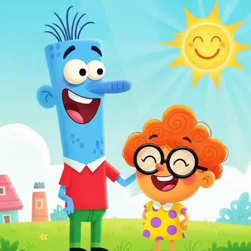 Colorful Cartoon Characters Laughing in Cheerful Environment