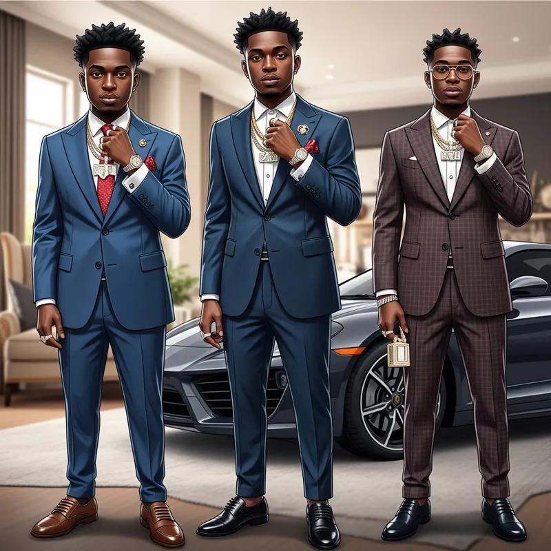 Young Black Men Exude Success and Prosperity in Stylish Attire and Jewelry