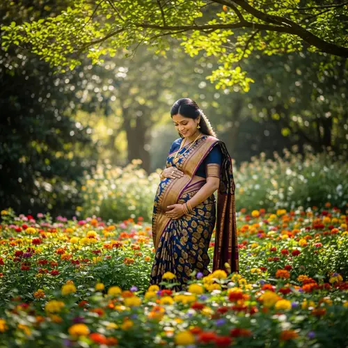 Indian Pregnant Female in Traditional Saree | Peaceful Garden Scene
