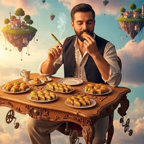 Turkish Man Smoking Weed Blunt & Eating Baklava on Flying Table