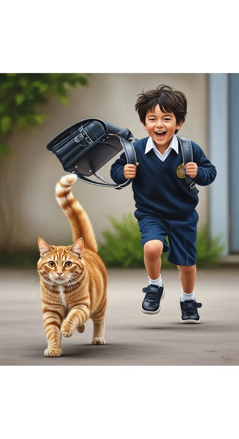 Ginger Cat Running to Dark-Haired 8-Year-Old Boy in School Uniform
