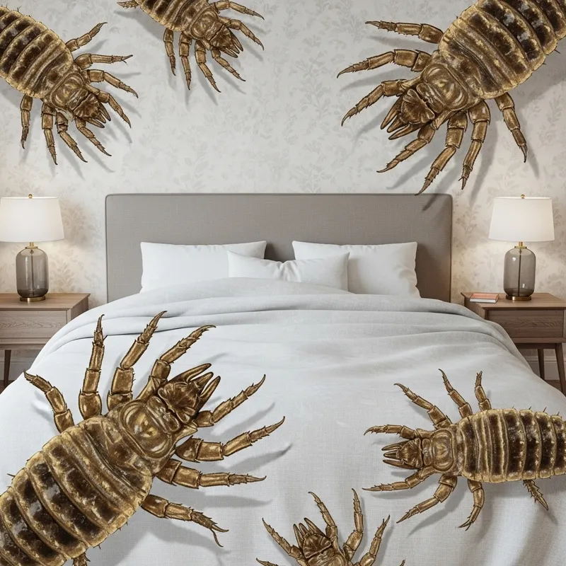 Lice in Bed: Exaggerated Illustration in Large Unoccupied Room Lice in Bed: Exaggerated Illustration in Large Unoccupied Room