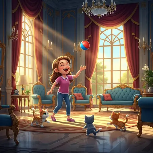 Cartoon Girl Playing with 3 Kittens in Luxurious Bungalow