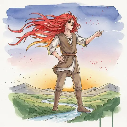 Colossal Red-Haired Figure Watercolor Illustration