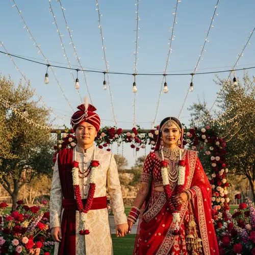 Asian Wedding Couple in Traditional Attire - Romantic Outdoor Setting