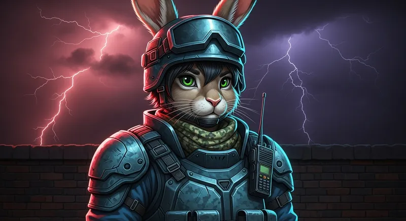 Striking Anthropomorphic Hare in Camouflage Military Gear