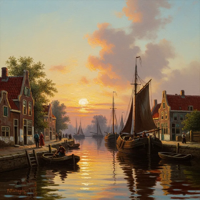 Serene Dutch Harbor at Sunset - Vibrant Colors & Brushstrokes