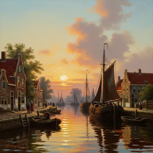 Serene Dutch Harbor at Sunset | Vibrant Colors & Brushstrokes