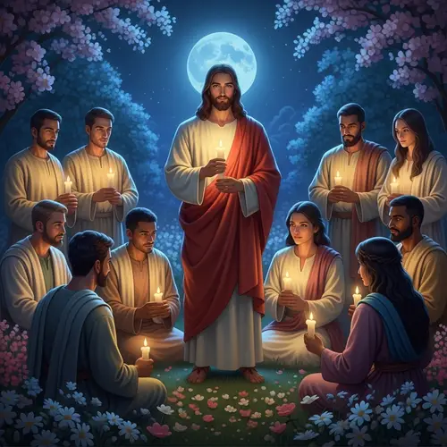 Easter Vigil: Jesus Illuminating Hope in Moonlit Garden