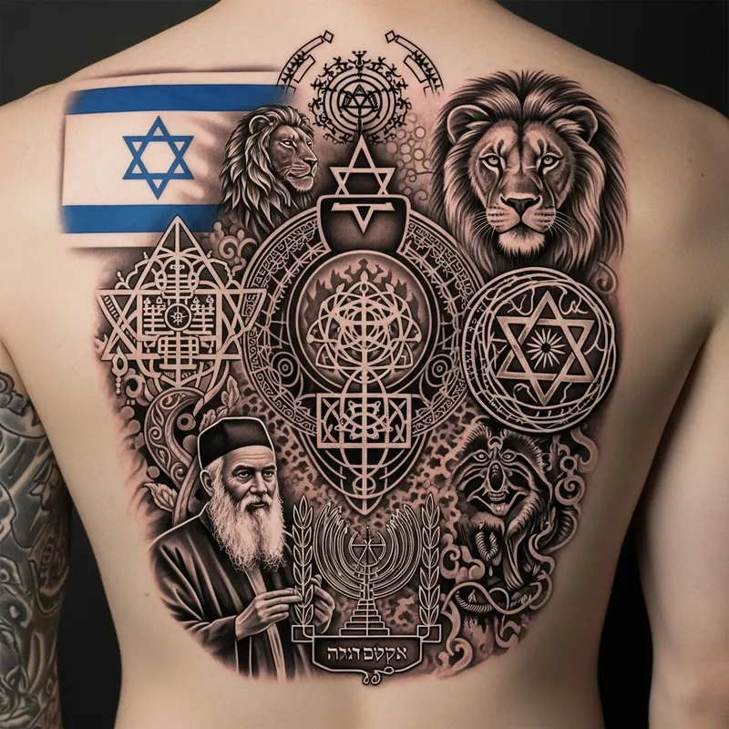 Ancient Israeli Kabbalah Tattoo: Symbolic Israel, Mystic Rabbi, Lion of Judah Ancient Israeli Kabbalah Tattoo: Symbolic Israel, Mystic Rabbi, Lion of Judah