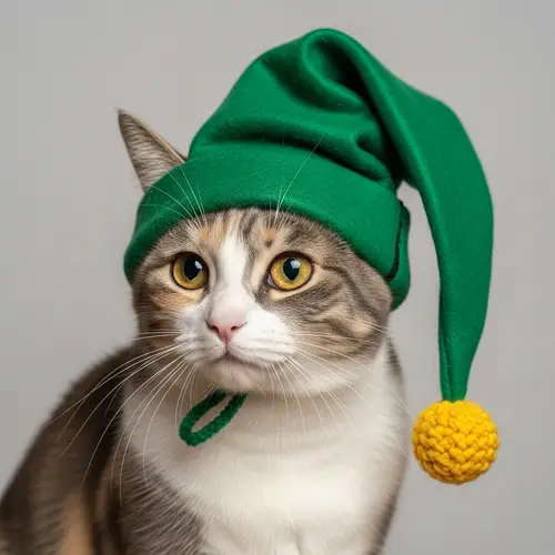 Whimsical Cat with Emerald Green Hat