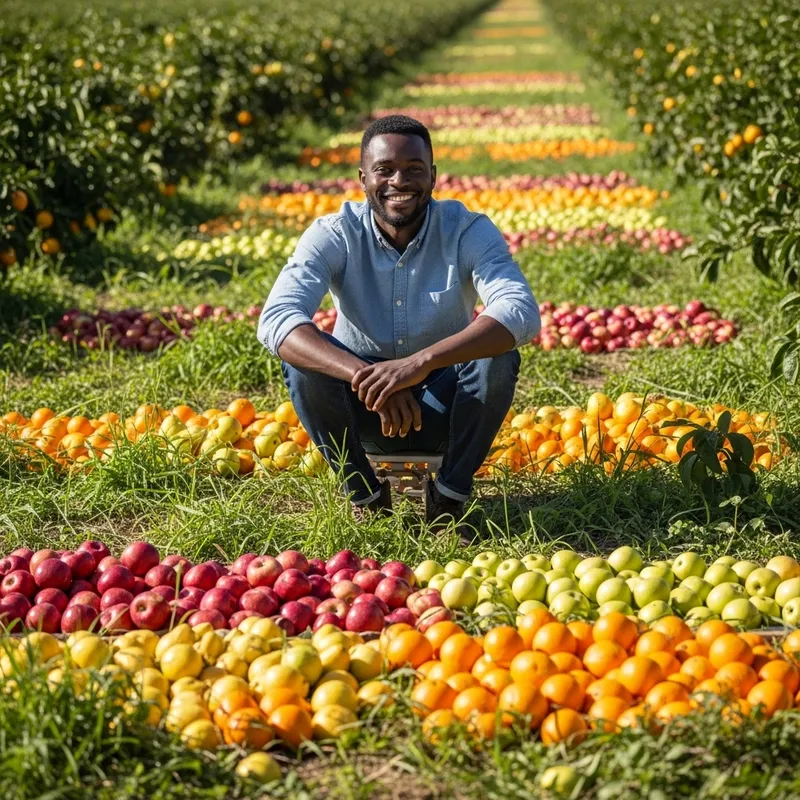 Happy Black Man in Green Field with Fruits and Joyful Smile