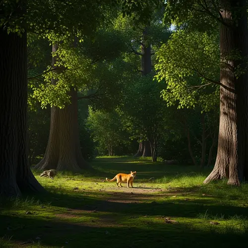 Enchanting Forest Scene with Cat in Amber Light