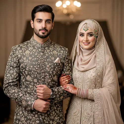 Traditional Pakistani Bride and Groom in Skin Color Attire