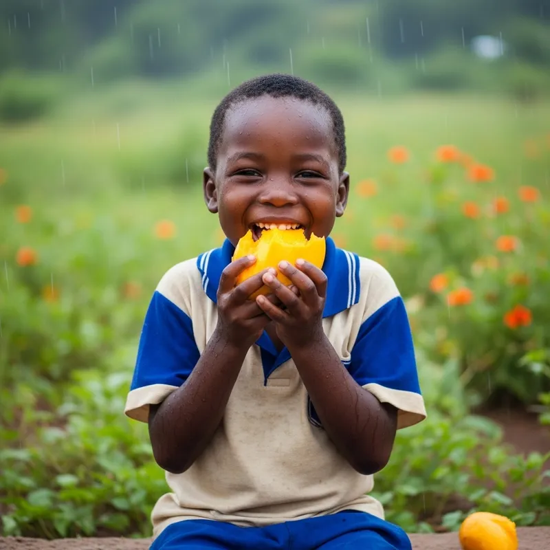 Joyful African Child Eating Mango in the Rain - Innocent Delight