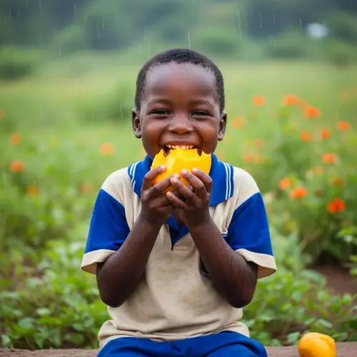 Joyful African Child Eating Mango in the Rain