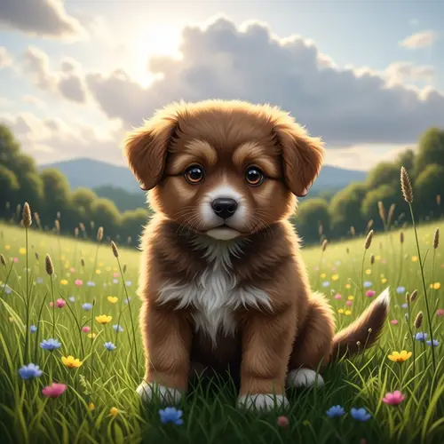Brown Puppy in Lush Meadow | Serene Sunlit Scene