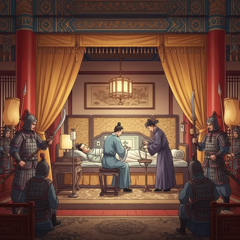 Royal Chinese King's Health Crisis in Palace: Physician and Guards Scene Royal Chinese King's Health Crisis in Palace: Physician and Guards Scene