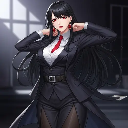 Stylish Woman with Black Hair and Red Eyes | Bold and Confident Look