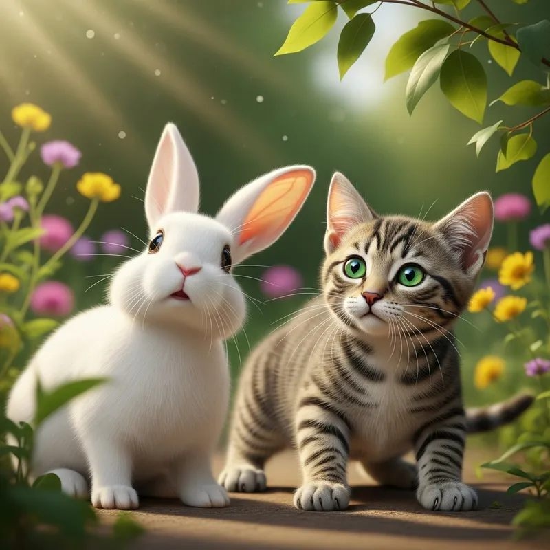 Curious Bunny and Kitten - White Fur and Green Eyes