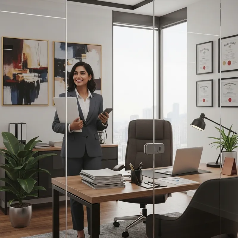 Happy Financier in Modern Office | Cityscape View Happy Financier in Modern Office | Cityscape View