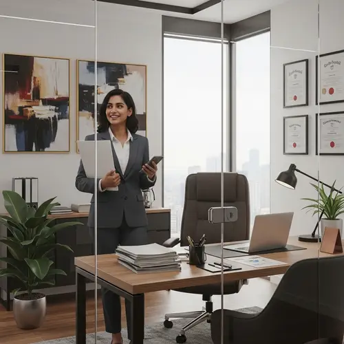 Cheerful South Asian Female Financier in Office Setting