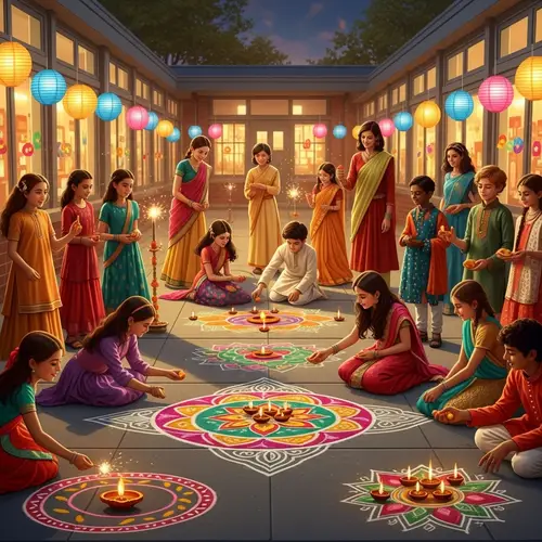 Diwali Celebration at Diverse School with Kids Drawing Rangoli Patterns