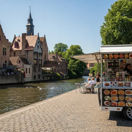 Sunny Summer Scene in Bruges with Enigmatic European Old House