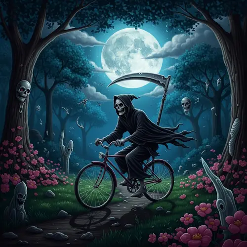 Surreal Digital Painting of Grim Reaper Riding Bicycle in Moonlit Forest