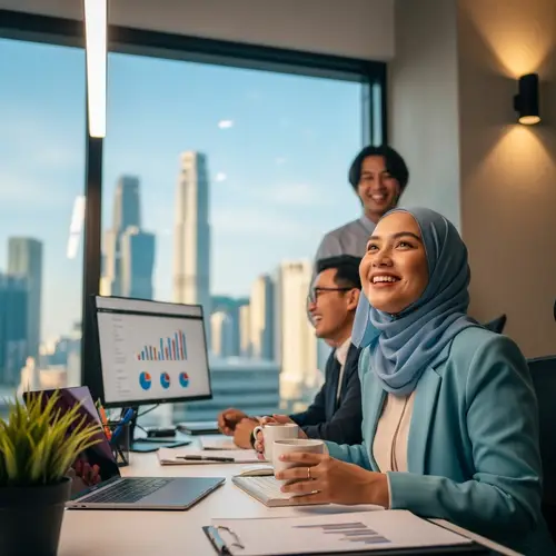 Joyful 28-Year-Old Malay Woman in Hijab at Office Setting