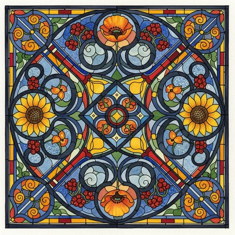Easy Watercolor Darwins of Stained Glass with Ukrainian Ornament in Tiffany Style