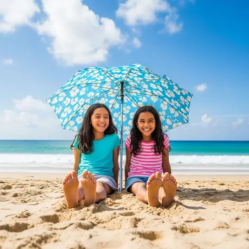 Sunny Beach Scene with Smiling Girls Showing Soles