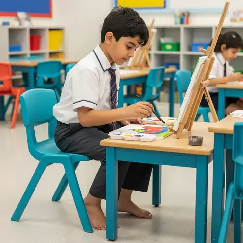 Middle Eastern Boy in School Uniform Painting Picture at School