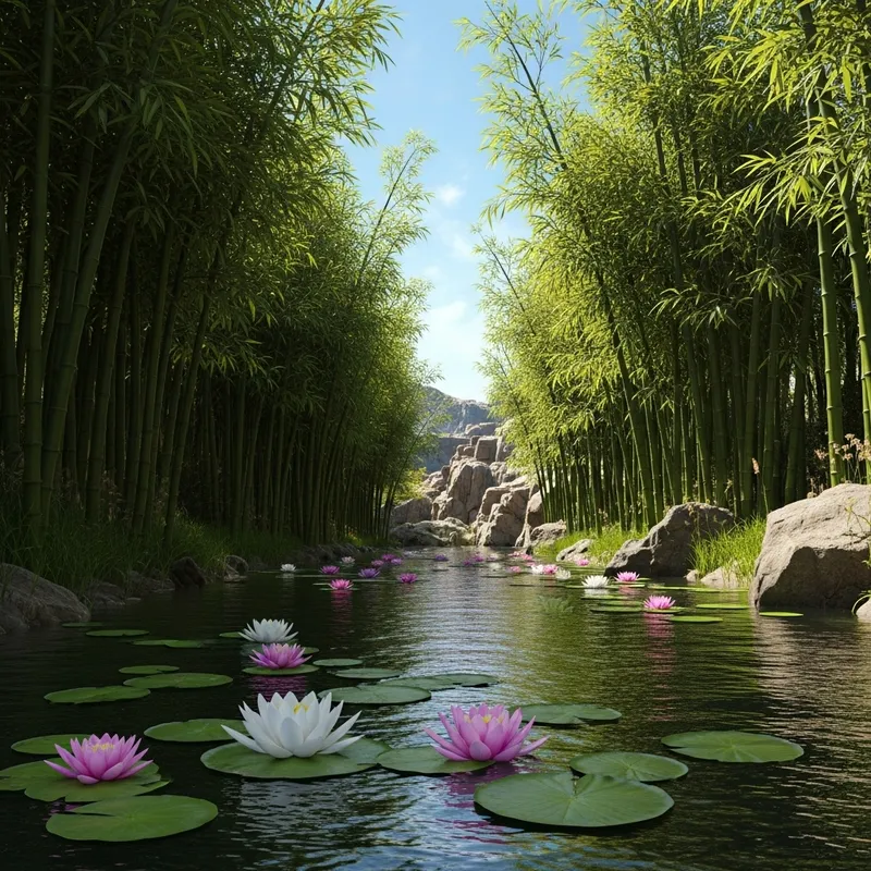 Tranquil River with Bamboos, Water Lilies, and Rocks - Peaceful Nature Scene