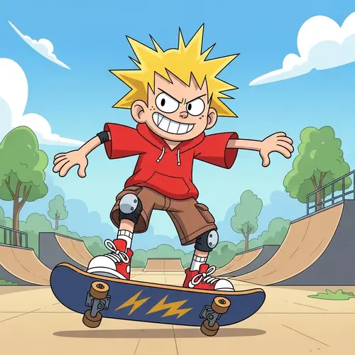 Mischievous Cartoon Character with Spiky Yellow Hair on Skateboard