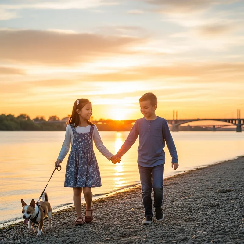 Sunset Walk by the River: Girl, Boy, and Dog under Radiant Sunlight