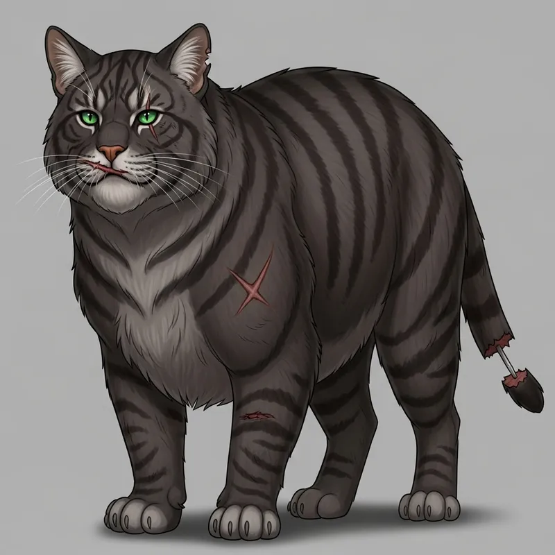 Majestic Cat with Dark Gray Fur, Stripes, and Scars