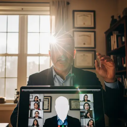Middle-Eastern University Professor Facing Sunlight Glare in Video Conference Teaching