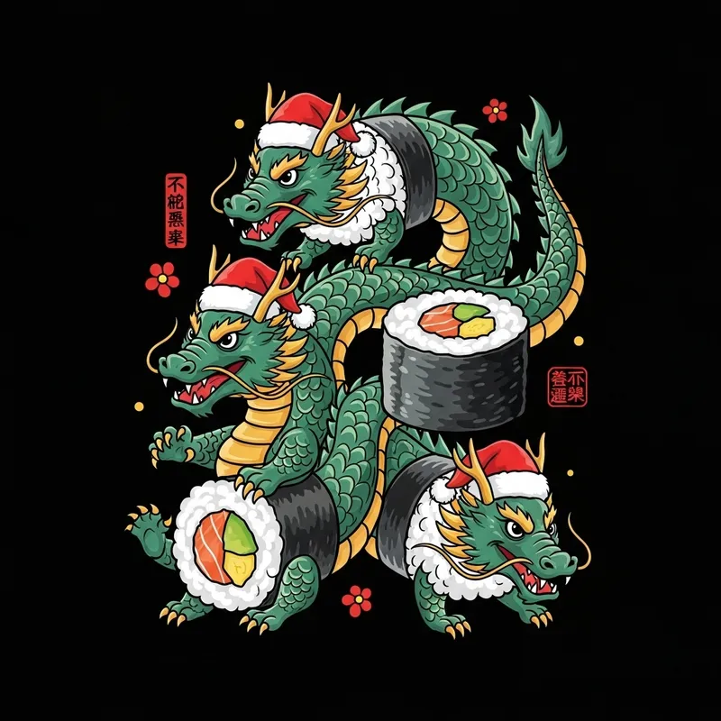 Whimsical Sushi Dragon Illustration: Festive Japanese Artwork