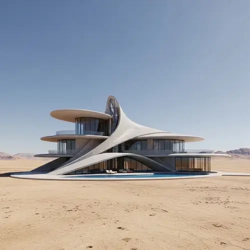 Futuristic Zaha Hadid Style Villa in Desert Landscape