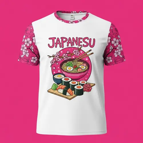 Japanese Cuisine Inspired White T-Shirt with Pink and Gold Accents