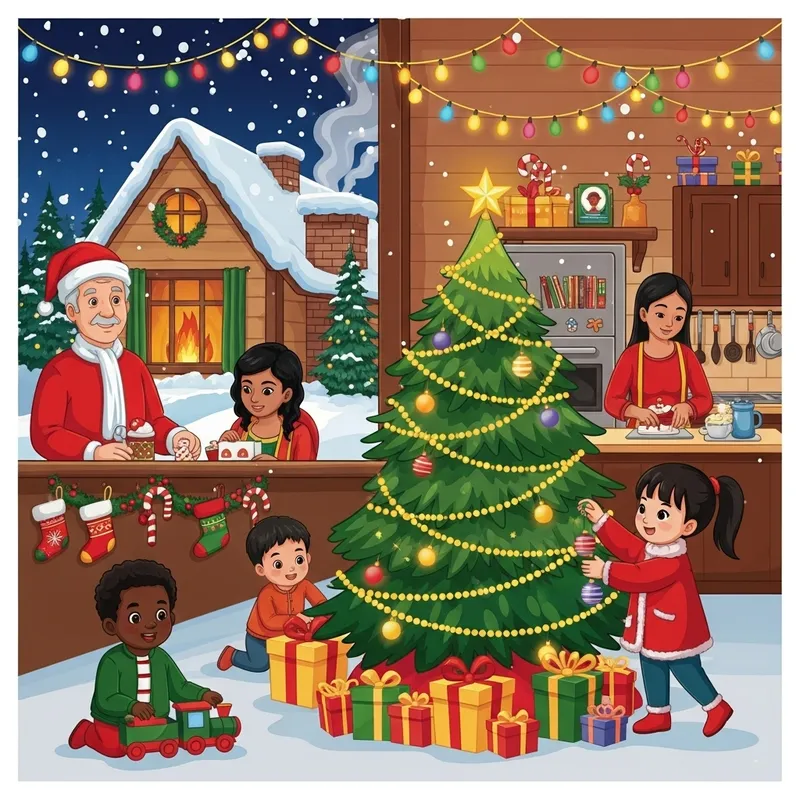 Natale Festive Scene: Decorated Tree & Diverse Characters