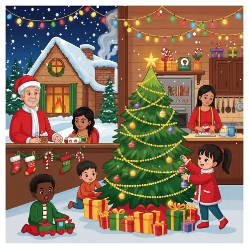 Festive Christmas Scene with Decorated Tree and Diverse Characters