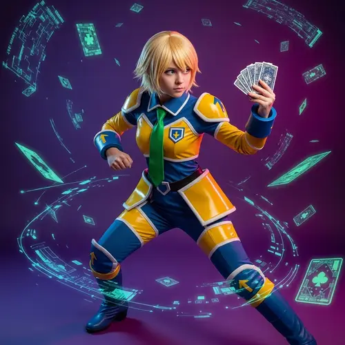 Futuristic Duelist Girl in Yellow & Blue Costume with Deck of Cards