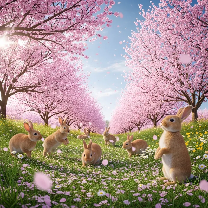 Rabbits Playing in Sakura Flower Field