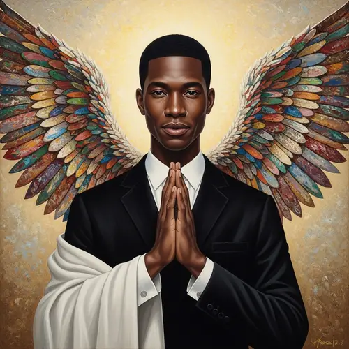 Intriguing Portrait of Gentle and Empathetic Man with Colorful Angel Wings