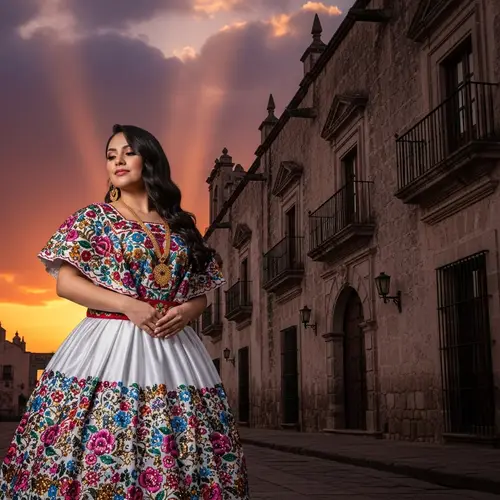 Mexican Woman in Traditional Dress at Sunset - Colorful Image