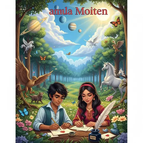 Whimsical Forest Book Cover with Boy and Girl Writing Letters