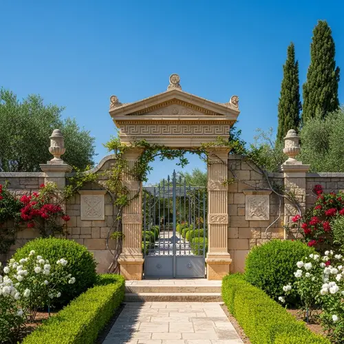 Greek Garden Gate Facade - Architectural Elegance and Natural Beauty